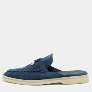Loro Piana Blue Suede Summer Charms Walk Flat Mules Size 38.5