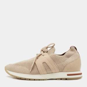 Pre Owned Loro Piana Beige Suede and Knit Fabric Flexy Wool Sneakers Size 36