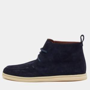 Pre Owned Loro Piana Navy Blue Suede Soft Walk Lace Up Ankle Boots Size 38