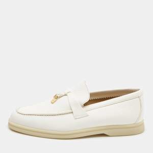 Pre Owned Loro Piana White Leather Summer Charms Walk Slip On Loafers Size 36.5