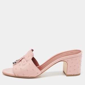 Loro Piana Pink Ostrich Leather Summer Charms Sandals Mules Size 38
