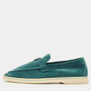 Pre Owned Loro Piana Teal Suede Summer Charms Walk Loafers Size 38