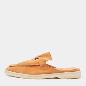 Pre Owned Loro Piana Orange Suede Babouche Charms Walk Flat Mules Size 38.5