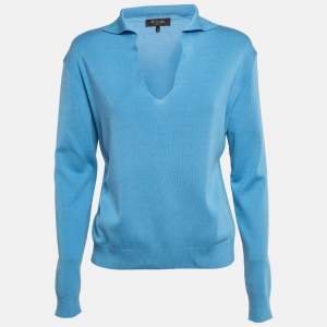 Loro Piana Blue Rib Knit Sorbonne Polo T-Shirt S
