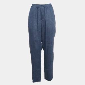 Pre Owned Loro Piana Blue Linen Straight Leg Trousers L