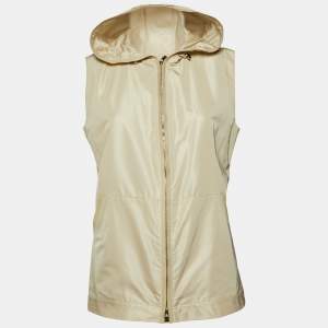Loro Piana Light Beige Silk Blend Leather Trim Detail Zip-Up Hooded Vest L