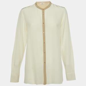 Pre Owned Loro Piana Cream Silk Contrast Trimmed Blouse L