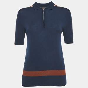 Loro Piana Navy Blue Wool Knit Zip-Up T-Shirt M