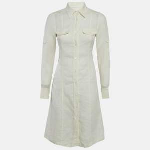 Loro Piana Cream Linen Button Front Knee-Length Dress S