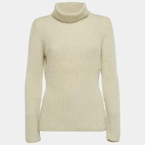 Pre Owned Loro Piana Beige Lurex Knit Cashmere Turtle Neck Sweater L 