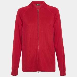 مملوكة مسبقًا Loro Piana Red Silk & Cotton Knit Zip Up Cardigan M 