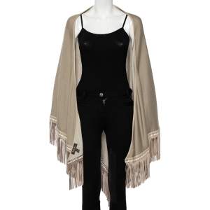 Pre Owned Loro Piana Beige Cashmere Leather Fringe Detail Flamenco Poncho (One Size)