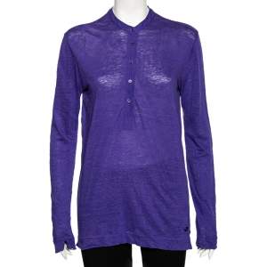 Pre Owned Loro Piana Purple Linen Long Sleeved Polo T-Shirt S