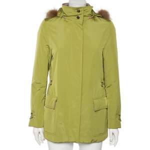 Pre Owned Loro Piana Green Synthetic & Faux Fur Trimmed Button Front Hooded Jacket S