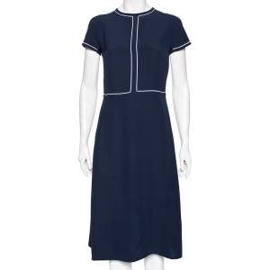 Loro Piana Navy Blue & White Trimmed Silk Midi Dress M