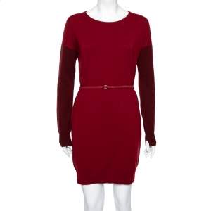 Loro Piana Red Two Toned Cashmere & Suede Trimmed Belted Dress M
