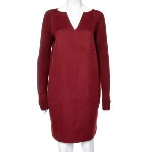 Loro Piana Dark Red Cashmere & Suede Trim Detailed V-Neck Dress M