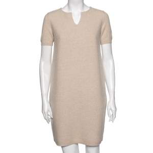 Loro Piana Cream Cashmere Knit & Suede Trim Detailed Short Sleeve Dress S