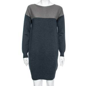Loro Piana Blue & Grey Paneled Cashmere Long Sleeve Dress M