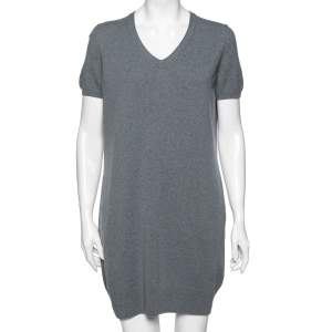 Loro Piana Grey Cashmere Knit V-Neck Sweater Dress M