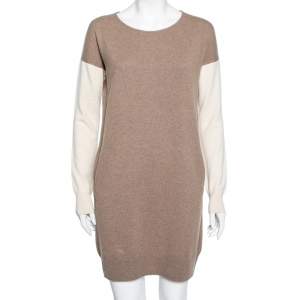 Loro Piana Beige Two Toned Cashmere & Suede Trimmed Dress M