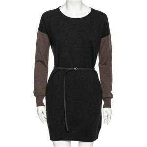 Loro Piana Dark Grey Two Toned Cashmere & Suede Trimmed Belted Dress M