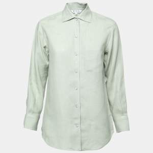 Pre Owned Loro Piana Light Green Linen Pocket Detail Button Front Shirt S