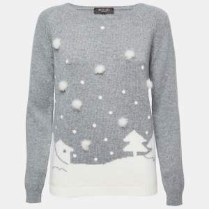Loro Piana Grey Cashmere Mink Pom-Pom Embellished Sweater S