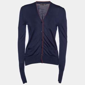 Loro Piana Navy Blue Contrast Detail Virgin Wool Button Front Cardigan S