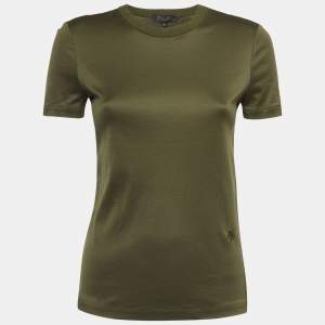 Pre Owned Loro Piana Olive Green Logo Embroidered Cotton Knit Fitted T-Shirt S