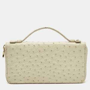 Loro Piana Ivory Ostrich Zip Around Wallet