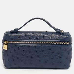Pre Owned Loro Piana Navy Blue Ostrich L19 Extra Pocket Pouch