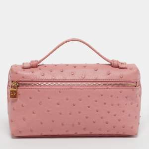 مملوكة مسبقًا حقيبة صغيرة لورو بيانا L19 جلد نعام بيج بسحاب