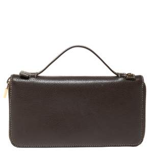 مملوكة مسبقًا Loro Piana Dark Grey Leather Zip Around Pouch