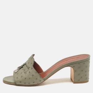 Pre Owned Loro Piana Grey Ostrich Leather Summer Charms Slide Sandals Size 40