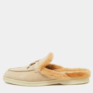 Loro Piana Beige Suede Fur Babouche Charms Walk Mules Size 38.5