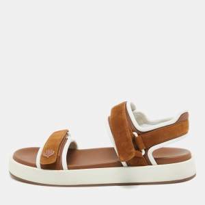 Loro Piana Brown Fabric and Suede Waikiki Flat Sandals Size 40