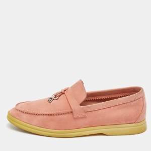 Pre Owned Loro Piana Pink Suede Summer Charms Walk Slip On Loafers Size 37