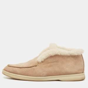 Loro Piana Beige Shearling and Suede Open Ankle Boots Size 37.5