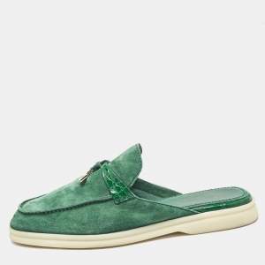 Loro Piana Green Suede and Croc Babouche Charms Walk Flat Mules Size 37