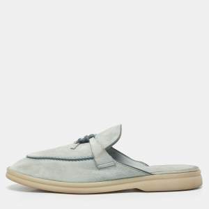 Loro Piana Light Blue Suede Babouche Charms Walk Flat Mules Size 38.5