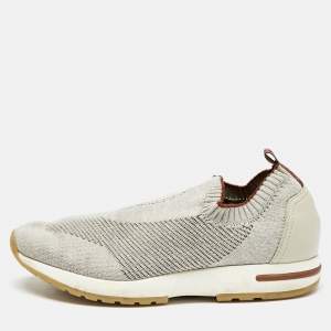 Pre Owned Loro Piana Off White/Grey Knit Fabric and Suede 360 Flexy Walker Sneakers Size 38