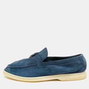Loro Piana Navy Blue Suede Summer Walk Loafers Size 39.5