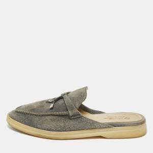 Pre Owned Loro Piana Grey Suede Babouche Charms Walk Mules Size 38.5