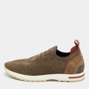 Pre Owned Loro Piana Brown Knit Fabric 360 LP Flexy Walk Slip On Sneakers Size 36.5