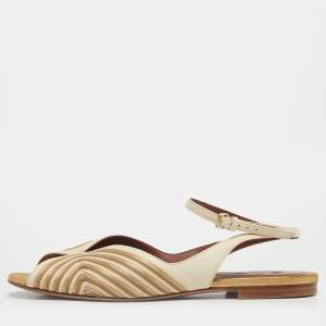 Pre Owned Loro Piana Cream/Gold Leather Ankle Strap Sandals Size 40