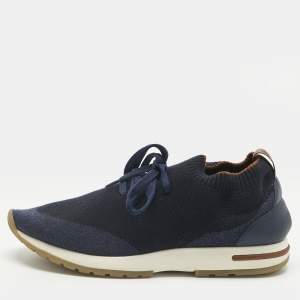 Pre Owned Loro Piana Navy Blue Knit Fabric and Leather 360 LP Flexy Walk Slip On Sneakers Size 39