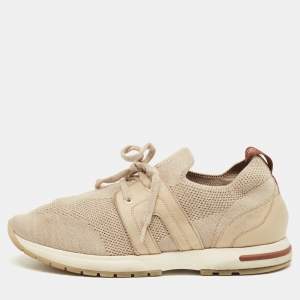 Pre Owned Loro Piana Beige Knit Fabric and Suede 360 LP Flexy Walk Lace Up Sneakers Size 36