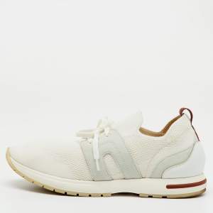 Pre Owned Loro Piana White Knit Fabric and Suede 360 LP Flexy Walk Lace Up Sneakers Size 40