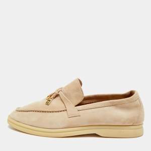 Pre Owned Loro Piana Summer Charms Walk Size 38 Beige Suede Loafers
